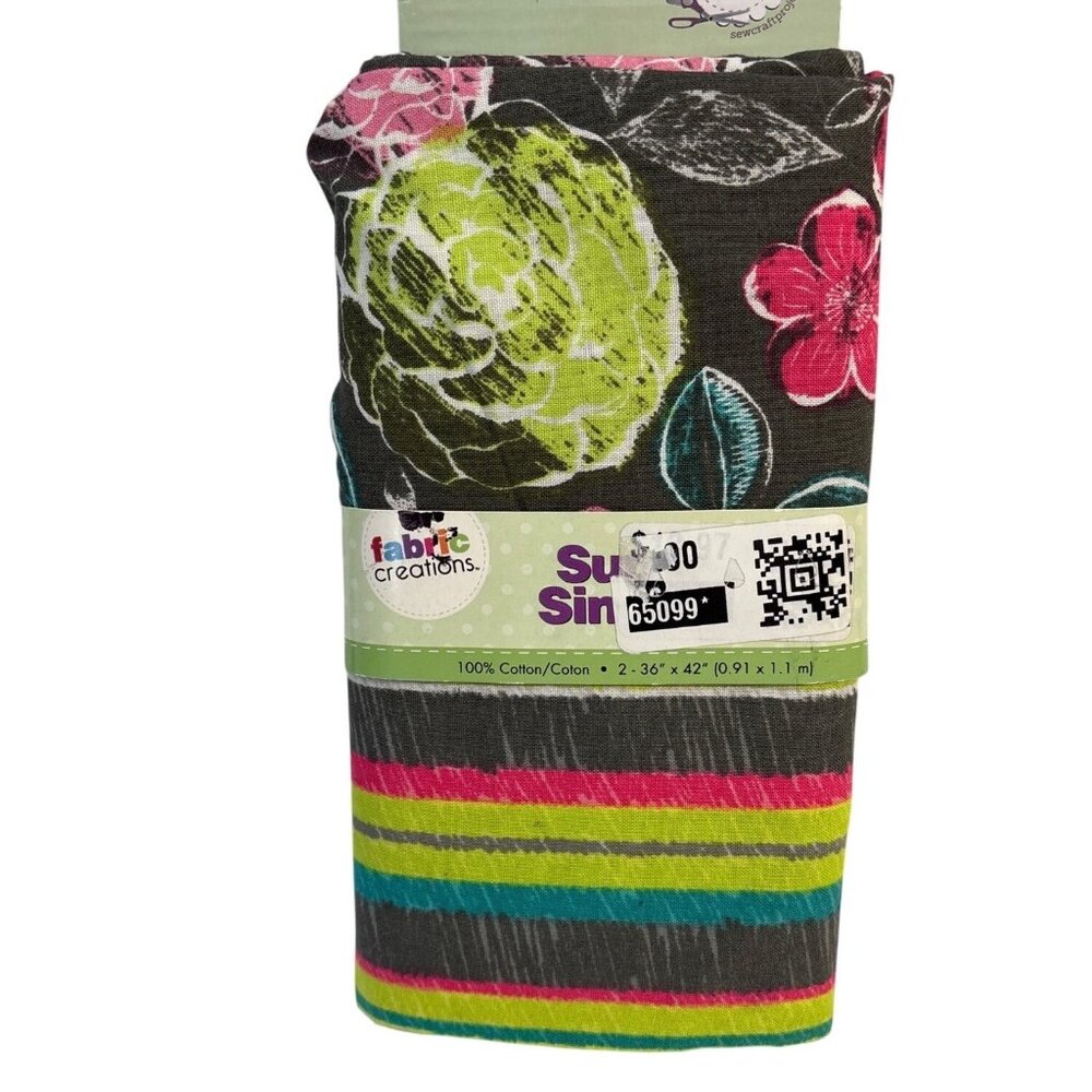 Fabric Bundle Multi Color Floral & Striped Cotton 2 Yards Green Pink Brown Blue